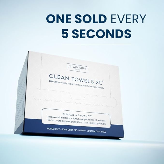 Clean Skin Club Clean Towels XL™️, 100% USDA Biobased Face Towel, Disposable Face Towelette, Eczema Association Accepted, Makeup Remover Dry Wipes, Ultra Soft, 150 Ct, 3 Pack
