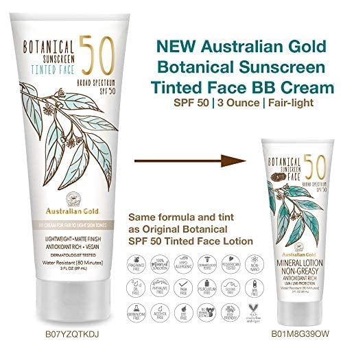 Australian Gold Botanical Sunscreen Tinted Face Mineral Lotion SPF 50, 3 Ounce | Broad Spectrum | Water Resistant
