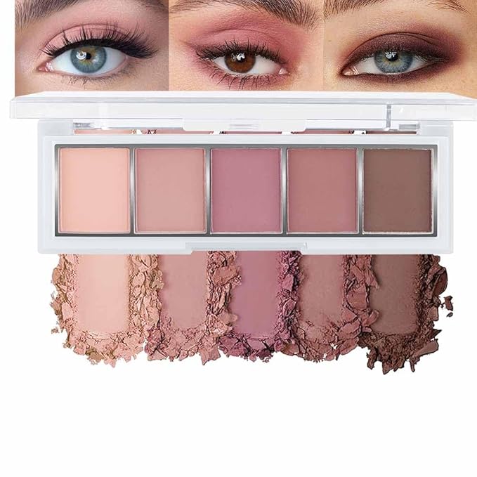 evpct 5 Colors Matte Nude Eye Shadow Palette Makeup for Older Women, Nude Pink Rose Mauve Brown Cocoa Matte Cream Mini Eyeshadow Palette for Blue Green Eyes, Contour Makeup Palettes, sombras de ojos
