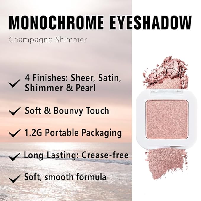 evpct Champagne Shimmer Single Eyeshadow Palette, Rose Gold Ice Pink Nude Glitter Cream Eye shadow Palette Singles Brightener Makeup for Older Women, High Pigment Waterproof Monochrome Mini Eyeshadow