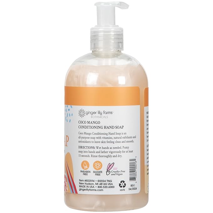 Ginger Lily Farms Botanicals Conditioning Liquid Hand Soap, Coco Mango, 100% Vegan & Cruelty-Free, Coconut Mango Scent, 12 Fl Oz
