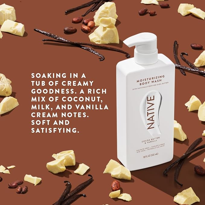 Native Moisturizing Body Wash Contains Naturally Derived Ingredients | for Women & Men, Sulfate, Paraben, & Dye Free Leaving Skin Soft & Hydrated | Cocoa Butter & Vanilla 18 oz