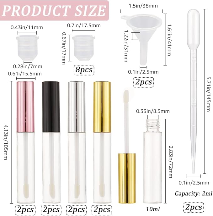 GORGECRAFT 8PCS 10ml Empty Lip Gloss Tubes with Wand Tip Refillable Lipgloss Balm Bottle Clear Plastic Cosmetic Gloss Container Lipstick Bottle with Droppers Funnel for Travel DIY Lip Samples