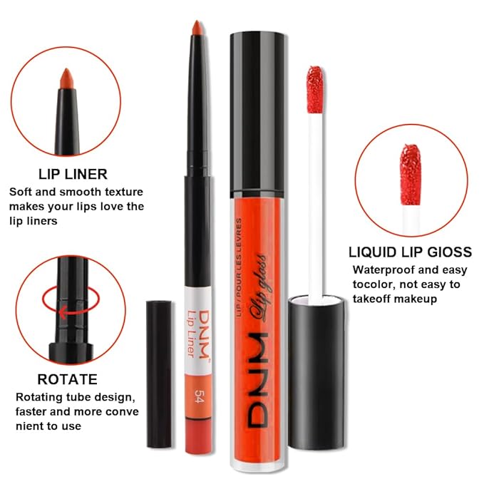 evpct 2Pcs Orange Light Fire Red Matte Liquid Lipstick Lip Gloss Stain and Retractable Lip Liner Makeup Set for Women Long Lasting Waterproof 24 Hours Lipstick labial mate larga duracion 24 54#