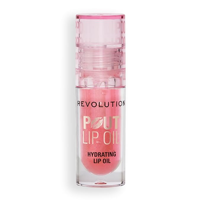 Revolution, Pout Lip Oil, Nourishing Tinted Lip Oil, High Shine, Non-Sticky Finish, Vegan & Cruelty-Free, Glam Pink Shimmer, 0.13 oz