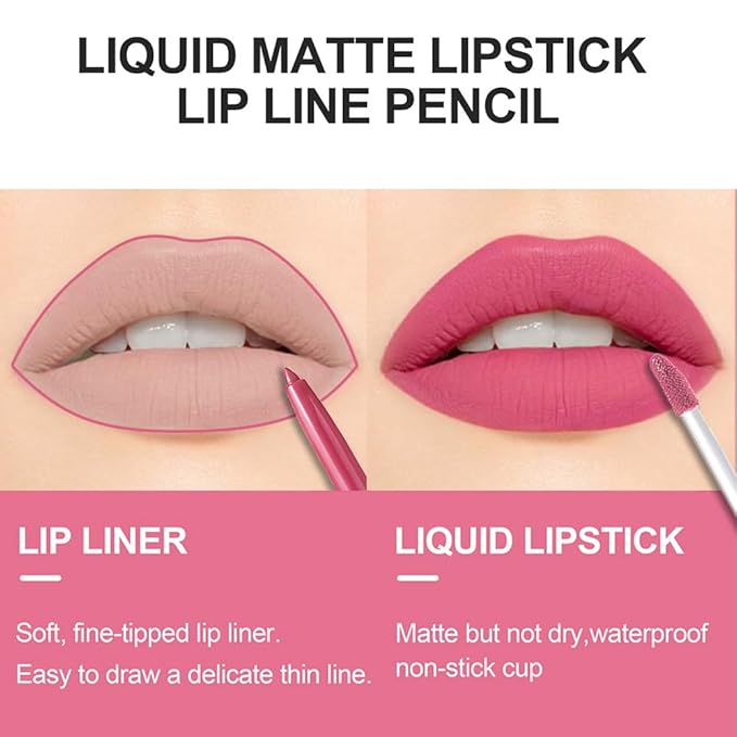 evpct 2Pcs Nude Pink Matte Lip Liner and Lipstick Lip Gloss Stains Pencils Set for Women Long Lasting Waterproof