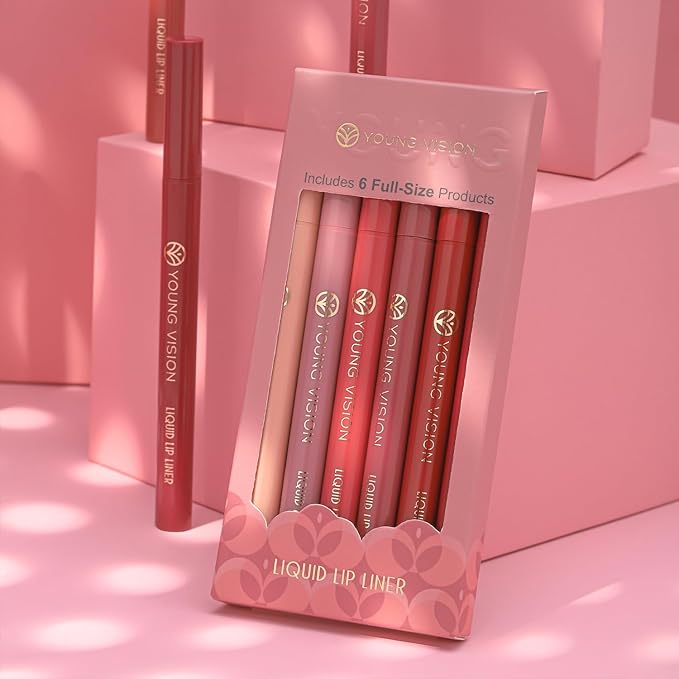 YOUNG VISION 6-Pc Liquid Lipstick & Lipliner Set, Lip Stain Tint Collection - Gourd-Shaped, Durable, Easy Glide, Nude Matte Shades Lip Contour/Lipliner Application, Gift for Women