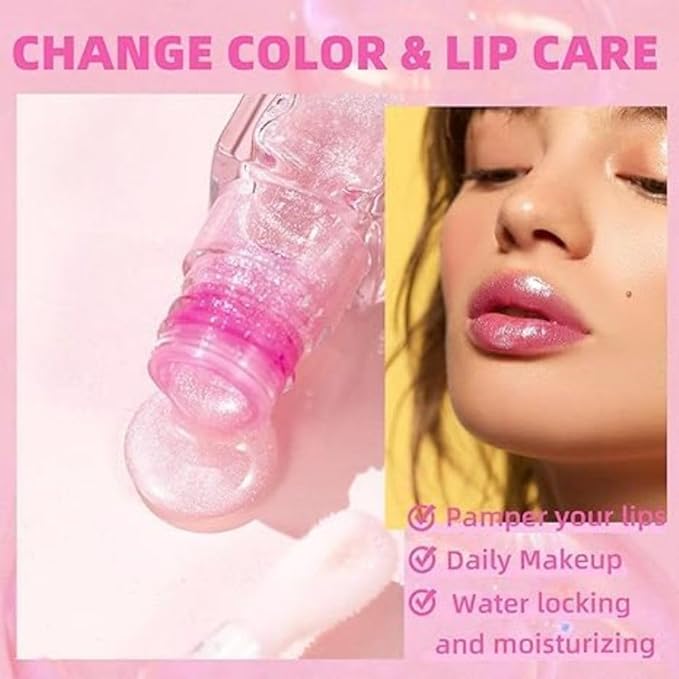 2 Pcs Color Changing Lip Oil,Magic Color Changing Lip Glow Oil With Big Brush,Boss Up Color Changing Lip Oil,Moisturizing and Non-sticky Boss Up Cosmeticsl (Shiny Pink)