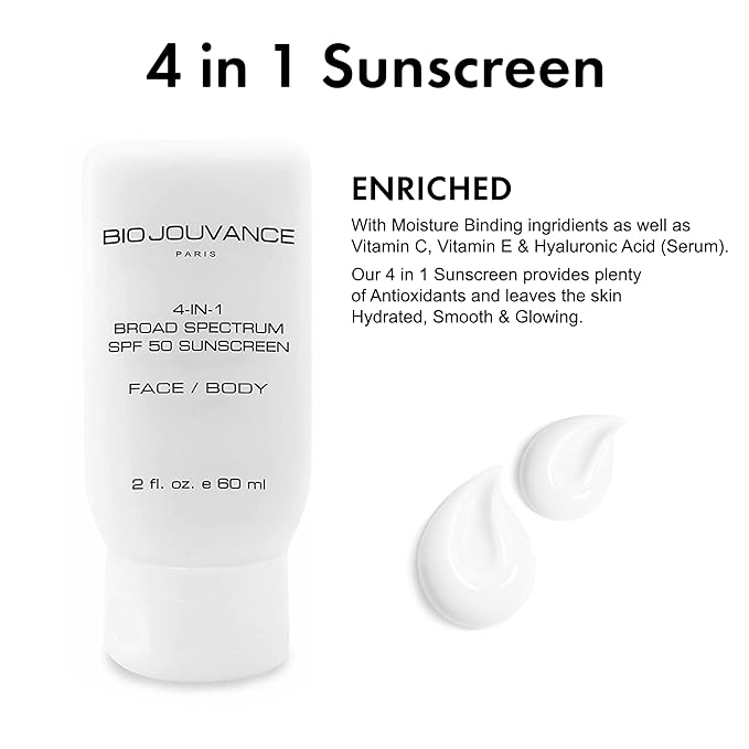 4 In 1 Sunscreen 2oz(60ml) | SPF50 Sunblock + Moisturizer + Anti-Aging + Antioxidant | Face&Body Sensitive Skin | Made in France