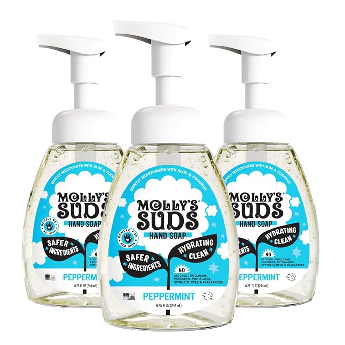 Molly's Suds Foaming Hand Soap - Made with Aloe and Coconut Oil | Moisturizing Hand Wash | Clean Ingredients, Infused with Essential Oils | Peppermint - 8.25 Oz (Pack of 3)
