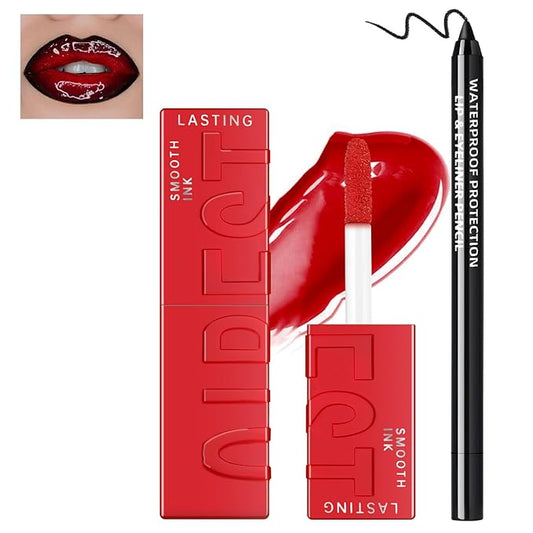 Vinyl Red Velvet Ink Liquid Lipstick with Black Lip Liner Gothic Lip Combo Halloween Makeup, Long Wear Waterproof Lip Gloss Non Sticky Moisturizing Lip Stain Tint Glossy Lip Color for Women