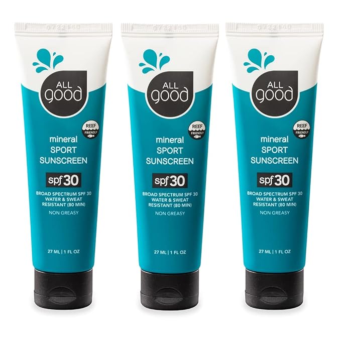 All Good Travel-Sized Sport Face & Body Sunscreen Lotion - TSA-Friendly, Camping, Backpacking - UVA/UVB Broad Spectrum SPF 30+, Water Resistant (1 oz)(3-Pack)