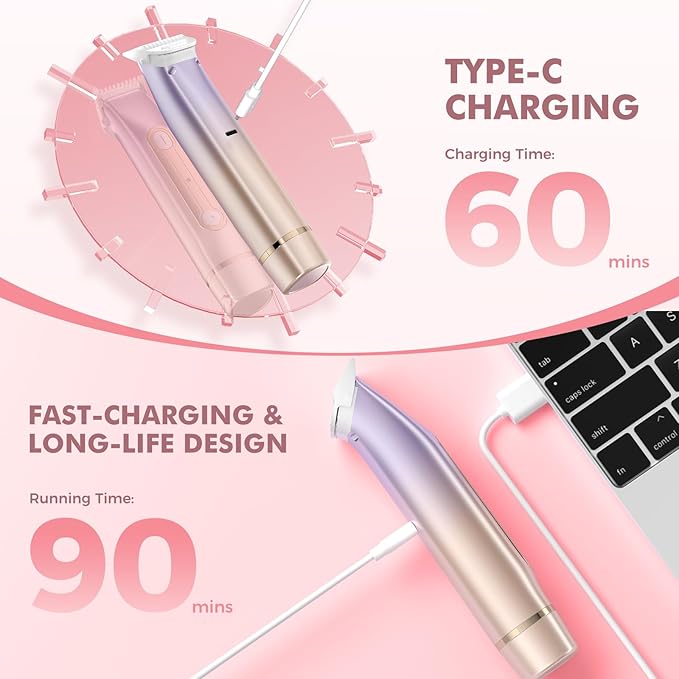 2 in 1 Bikini Trimmer for Women, Dual Head Electric Razor, IPX7 Waterproof Wet/Dry Use Women Electric Shaver, Painless Body Facial Hair Remover for Bikini Legs Arm Underarm, Rechargeable