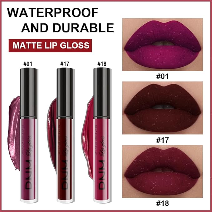 evpct 3Pcs Dark Red Purple Plum Matte Liquid Lipstick Lip Stain Sets for Women Matte+Lipstick Dark Maroon Long Lasting Permanent 24 hr Hours Magic Lipstick 24 Hours original Waterproof