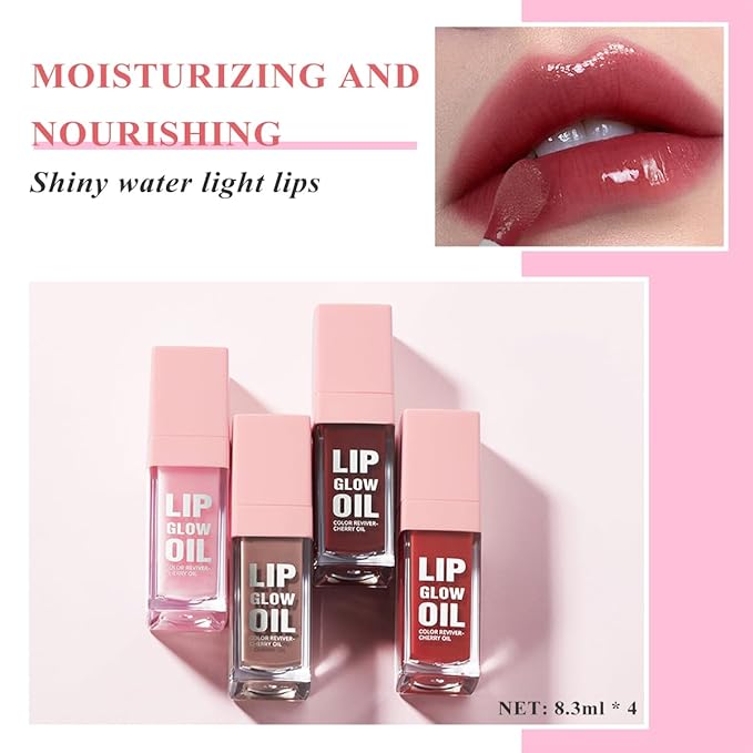 Glow Lip Oil Set, 4 Colors Tinted Glow Lip Oil Set, Hydrating Transparent Moisturizing Plumping Non-Sticky Big Brush Head Lip Gloss