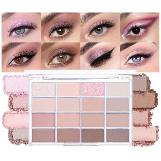 16Colors Light Purple Pink Brown Basics Matte Eyeshadow Palette,Eye Shadow Travel Makeup Palette all in one Long Lasting Waterproof Ultra-Blendable,Great for Travel Gift Kit