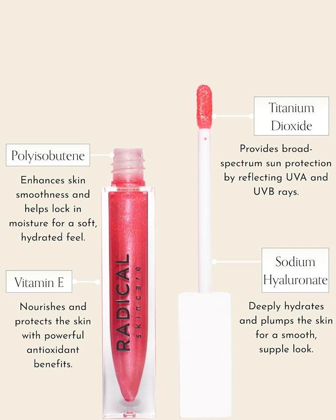 Radical Skincare Lip Luster Hyaluronic Infused Rose Lip Gloss – High Shine, Hydrating Formula for Soft, Radiant Lips | Cruelty-Free, Soy-Free, GMO-Free (5 ml)