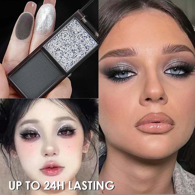 Gray Black Two Color Matte Shimmer Glitter Eyeshadow,Bright High Pigment Eye Shadow Powder,Professional Long-Lasting Waterproof Makeup Palette,Blendable,Easy-To-Apply and Compact for Travel