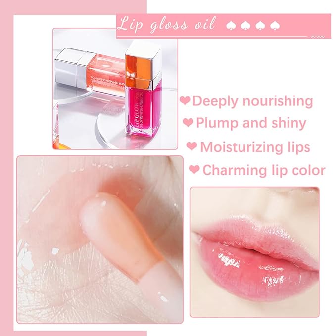 2 Colors Hydrating Plumping Lip Glow Oil,Moisturizing Lip Oil Gloss Transparent Glossy Lip Gloss Primer Lip Tint for Lip Care and Dry Lip (001#+007#)