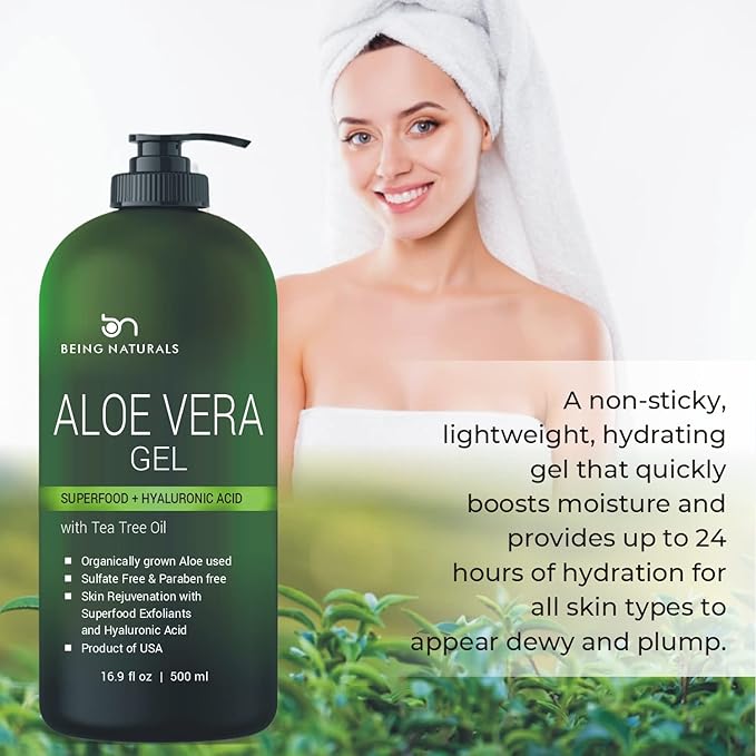 Aloe vera Gel - from 100% Pure Organic Aloe - Natural Raw Moisturizer for Face, Body, Hair. Perfect for Sunburn, Acne, Razor Bumps 16.9 fl oz (Tea Tree, Superfood, Hyaluronic Acid)