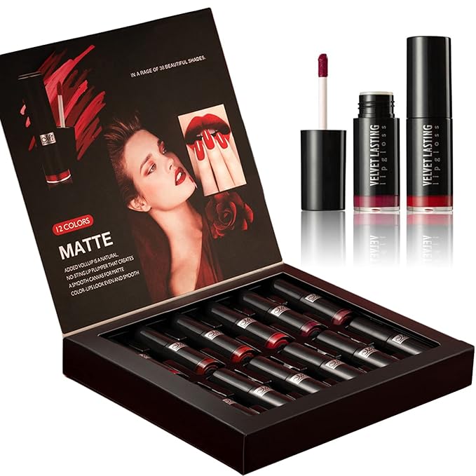 12 Colors Lipgloss Packs, Cosmetics Matte Lip Plumper Lipgloss