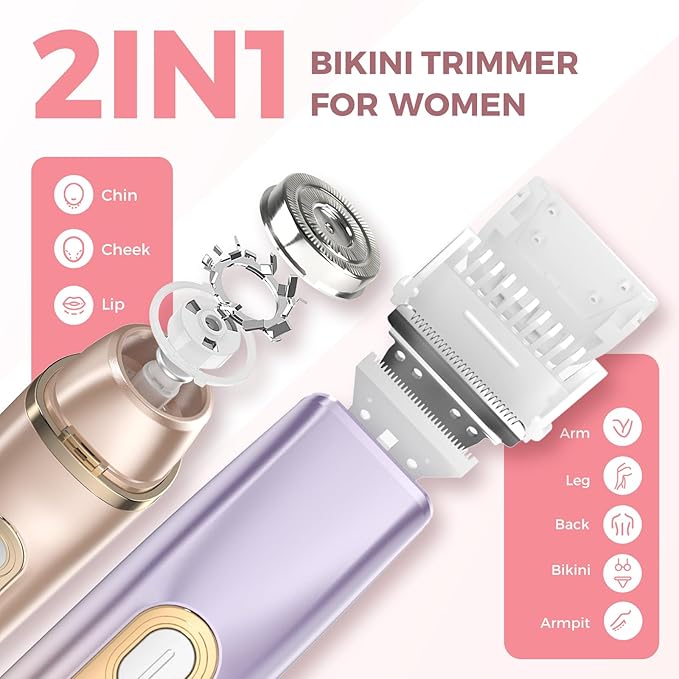 2 in 1 Bikini Trimmer for Women, Dual Head Electric Razor, IPX7 Waterproof Wet/Dry Use Women Electric Shaver, Painless Body Facial Hair Remover for Bikini Legs Arm Underarm, Rechargeable