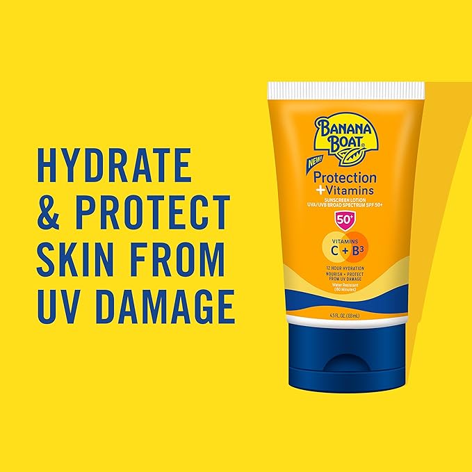 Banana Boat Protection + Vitamins Sunscreen Lotion SPF 50, 4.5 oz - Nourishing, Moisturizing, Vitamin C, Niacinamide, Water Resistant, Dermatologist Tested