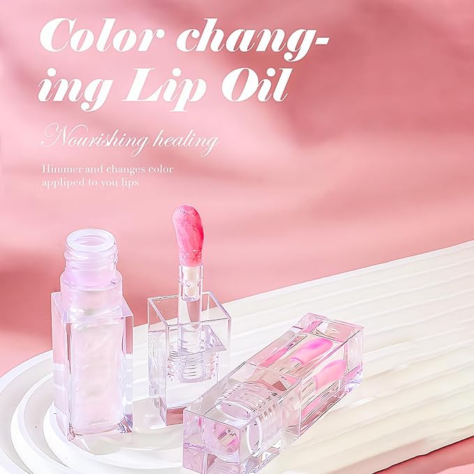 Erinde 2 PCS Magic Color Changing Lip Oil, Moisturizing Lip Glow Oil, Long Lasting Nourishing Plumping Glimmer Glow Lipstick, Non-sticky Fresh Nourishing Lip Care, Pink+ Transparent