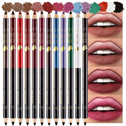 12 Pcs Double Head Rich Vibrant Colors Lip Liner Pencils Eye Liner Sticks Set with Sharpener for Daily Makeup,Easy to Apply & Remove,Waterproof (A)