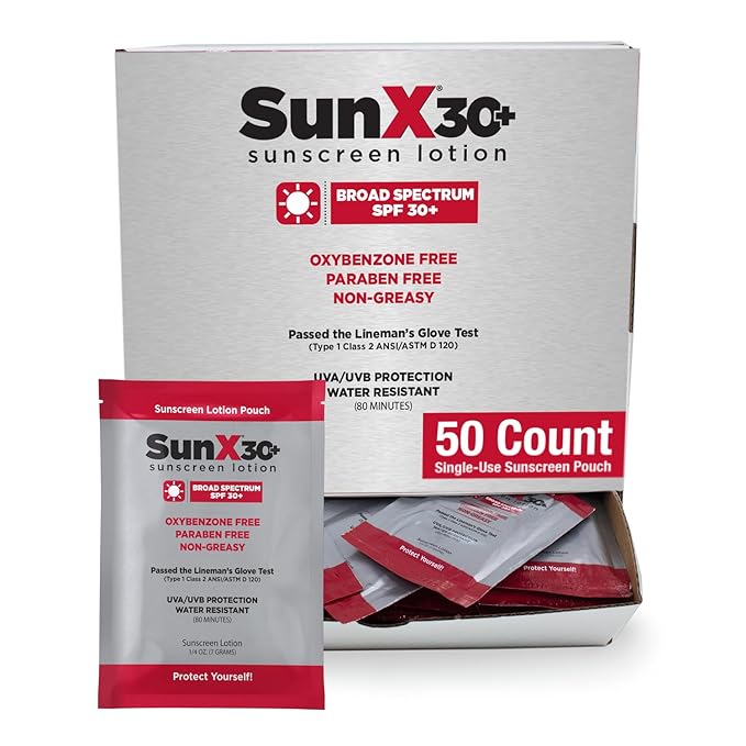 Sun X 30+ SPF Individual Sunscreen Packets Travel Size - Pack of 50 Paraben, Oxybenzone, & White Cast Free Broad Spectrum SPF Sunscreen Packets - Water & Sweat Resistant For Up To 80 Minutes