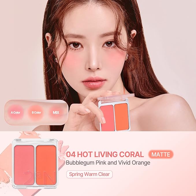 2aN Dual Color Face Blusher, Buildable & Blendable Cheek Color, Natural & Vibrant Finish, Long-Lasting Powder Blush, Blends Easily with Natural Skin Tones, Korean Beauty (04 Hot Living Coral)