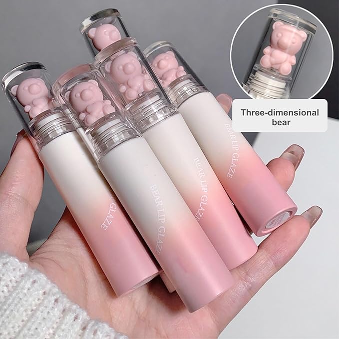 KWOLYKIM Pink Bear Matte Velvet Lip Gloss, Moisture Smooth Lip Glaze Waterproof Long Lasting Lip Stain Cute Beauty Makeup Nude Pink