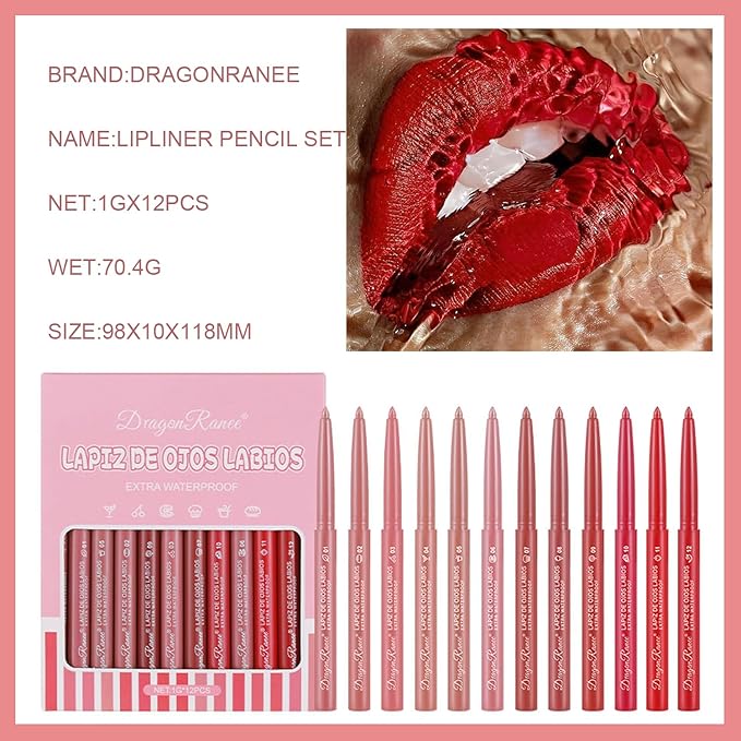 12 Colors Matte Lip Liner/Lipstick Set,One Step Lips Long
