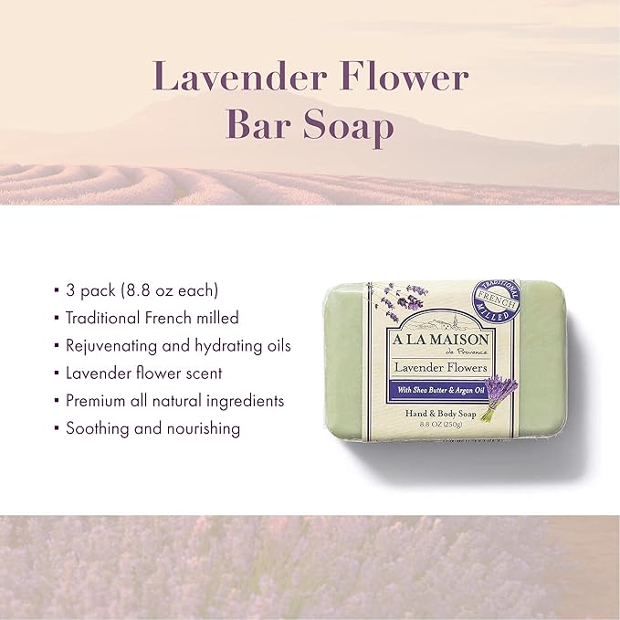 A LA MAISON Lavender Flower Bar Soap - Triple French Milled Natural Moisturizing Hand Soap Bar (3 Bars of Soap, 8.8 oz)