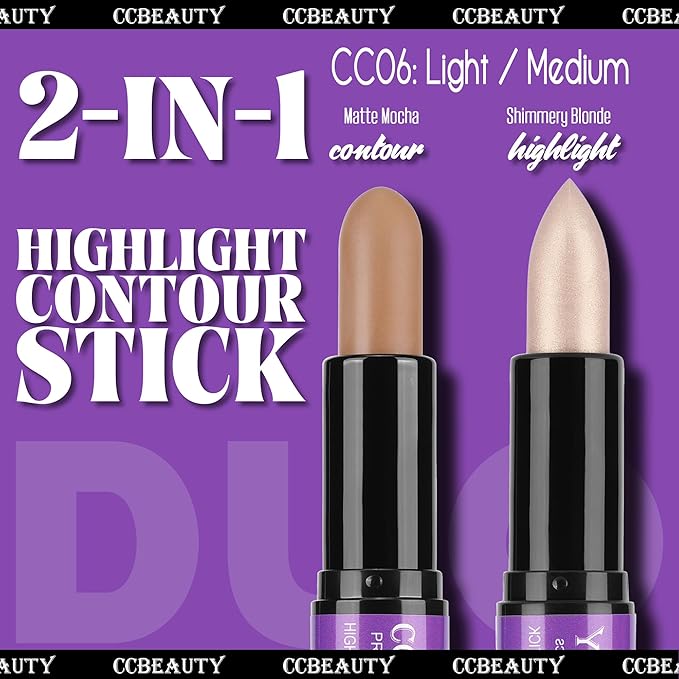 CCbeauty 2pcs 2-IN-1 Shimmer Contour Highlighter Stick with