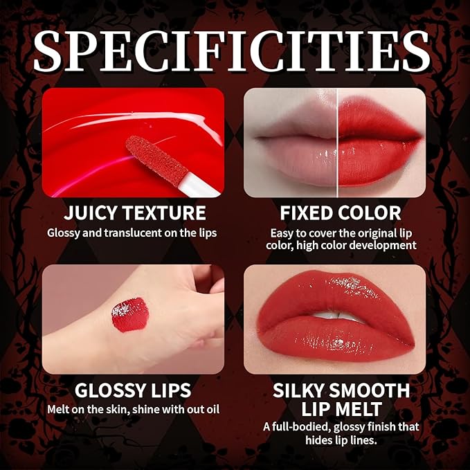 Vinyl Red Velvet Ink Liquid Lipstick with Black Lip Liner Gothic Lip Combo Halloween Makeup, Long Wear Waterproof Lip Gloss Non Sticky Moisturizing Lip Stain Tint Glossy Lip Color for Women