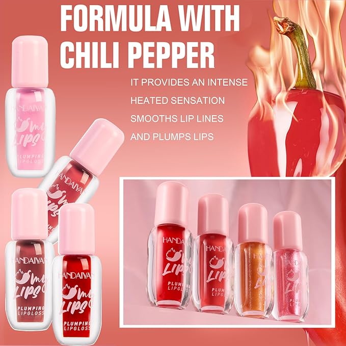 Lip Plumper Gloss, Plumping Lip Gloss with Chili Pepper, Blush Blaze/Peach Fever/Red Flag/Mauve Bite/Pink Sting/Hot Honey/Cocoa Zing/Hot Chili, 8 Count