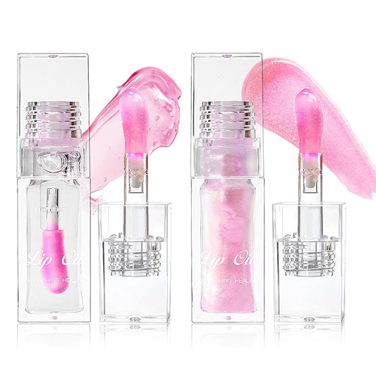 Erinde 2 PCS Magic Color Changing Lip Oil, Moisturizing Lip Glow Oil, Long Lasting Nourishing Plumping Glimmer Glow Lipstick, Non-sticky Fresh Nourishing Lip Care, Pink+ Transparent
