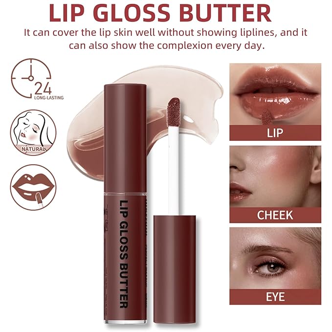 3 Colors Lip Butter Gloss, Hydrating Lip Glow Oil Lip Glaze, Brown Sugar Nourishing Lip Tinted Gloss Lip Care, Non-Sticky Long Lasting Lip Plumper Gloss Makeup (4+11+13)