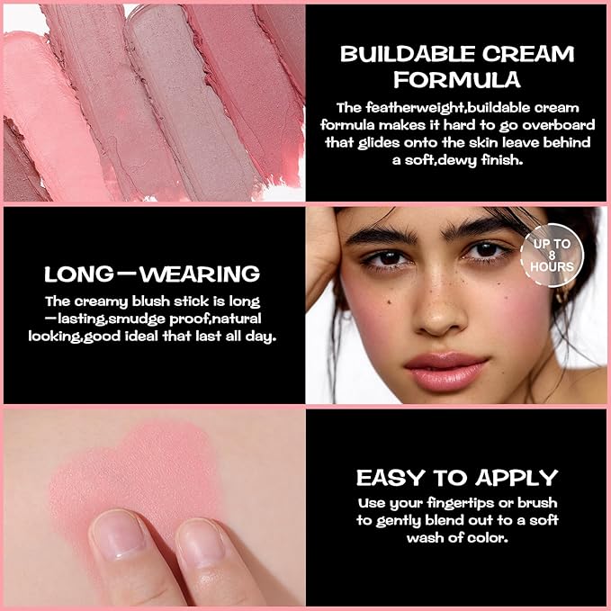 FOCALLURE Cream Blush Makeup,Buildable Blush Stick for Cheeks,Matte and Dewy Finish,Long Wearing,Easy Application,Lightweight Multi Stick,BABY PINK