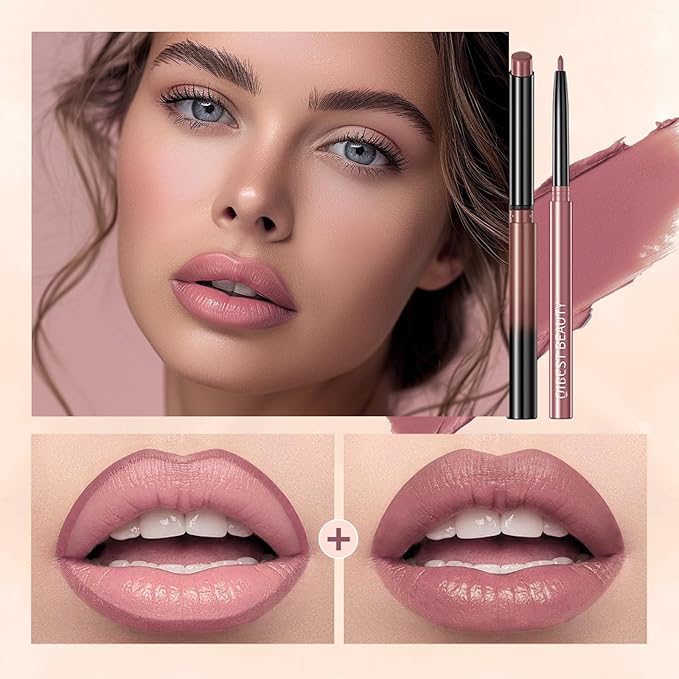 QiBest Nude Rose Pink Cream Lipstick with Lip Liner Makeup Set for Women, Soft Matte Lip Stick Silk Finish with LipLiner Pencil 24 Hours Original Waterproof Labials, Velvety & Non-Drying Formula