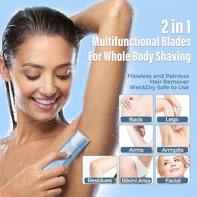 2 in 1 Women Electric Shaver Dual Head Bikini Trimmer for Women IPX7 Waterproof Wet & Dry Use Body Hair Trimmer and Facial Hair Remover for Bikini Underarm Leg Arm Body Face, Blue