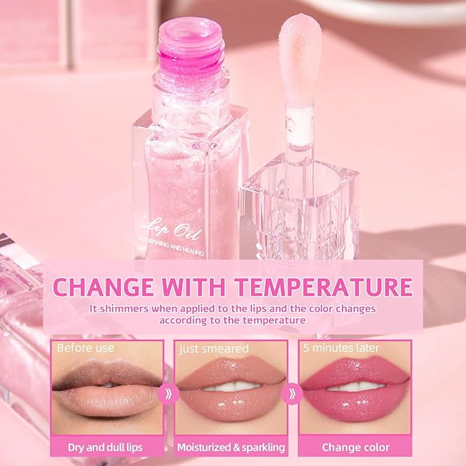 Erinde Magic Color Changing Moisturizing Lip Glow Oil, Plumping Glimmer Changing Lip Oil, Long Lasting Nourishing Lip Glow Oil, Non-sticky Fresh Texture Big Brush Lip Gloss Lip Balm, Transparent