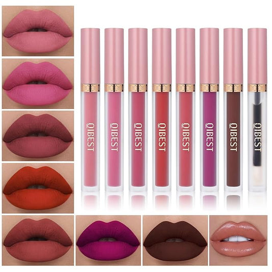 QiBest 7Pcs Matte Liquid Lipstick and 1Pcs Lip Plumper Makeup Set, Pigmented Waterproof Halloween Lip Make Up Valentine's Gift Lip Gloss Sets Long Wearing Velvet Lip Kit for Teens & Women