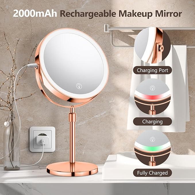 10X Large Lighted Makeup Mirror, Rechargeable 8" Height Adjustable Vanity Mirror, 1x/10x Magnifying Mirror with 3 Color, Brightness Adjustable, 360° Rotation Double Sided Mirror, Ideal Gift(Rose Gold)