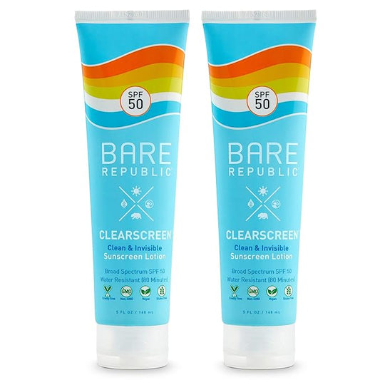 Bare Republic Clearscreen Sunscreen SPF 50 Sunblock Body Lotion, Water Resistant with an Invisible Finish, 5 Fl Oz Each, 2 Pack