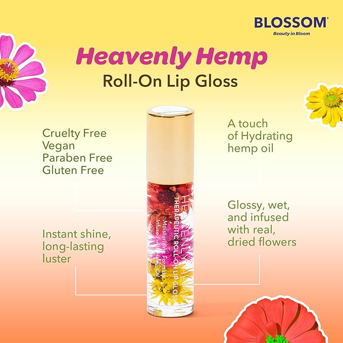 Blossom Roll on Lip Gloss, Scented Clear High Shine Moisturizing Lip Oil, Non Sticky, Infused with Real Flowers, Made in USA, 0.2oz, Mango Hemp