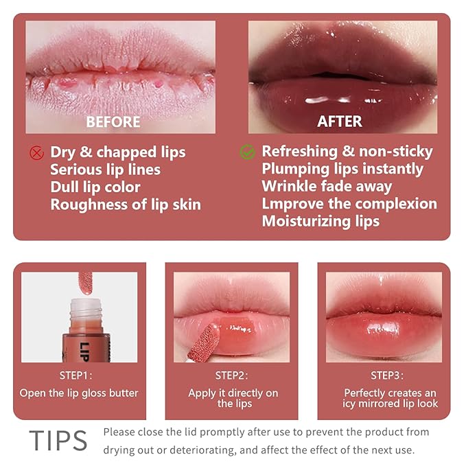 3 Colors Lip Butter Gloss, Hydrating Lip Glow Oil Lip Glaze, Brown Sugar Nourishing Lip Tinted Gloss Lip Care, Non-Sticky Long Lasting Lip Plumper Gloss Makeup (4+11+13)