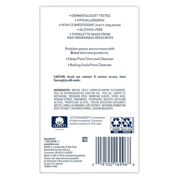 Bioré Daily Make Up Removing Cloths, Facial Cleansing Wipes with Dirt-grabbing Fibers for Deep Pore Cleansing without Oily Residue, 60 Count