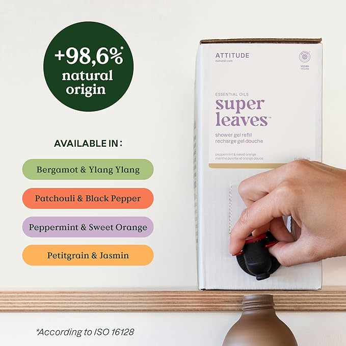 ATTITUDE Body Wash with Essential Oils, EWG Verified Shower Gel, Dermatologically Tested, Plant and Mineral-Based, Vegan Personal Care, Patchouli and Black Pepper, Bulk Refill, 67.62 Fl Oz